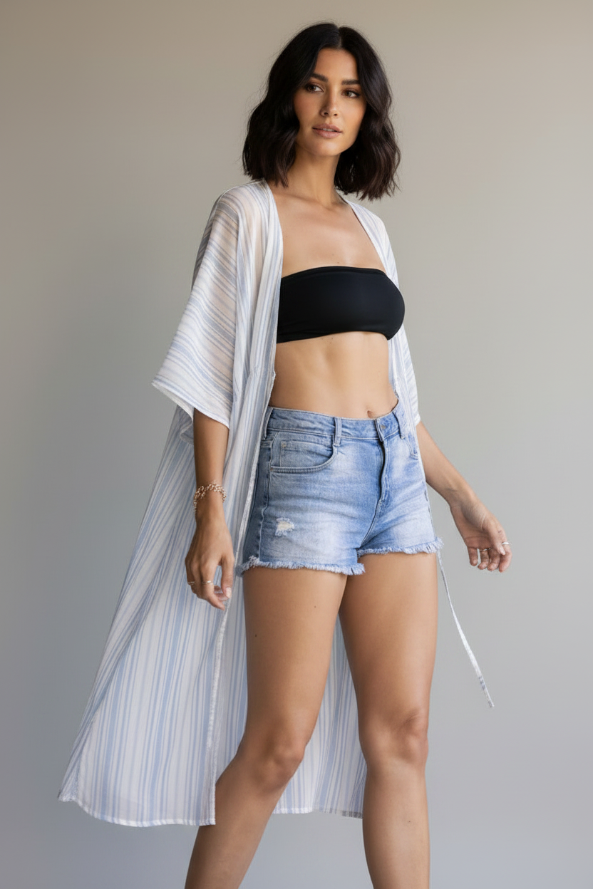 LIGHT BLUE WHITE KRAVET STRIPES PRINT  COVER-UP-VJ90867 -