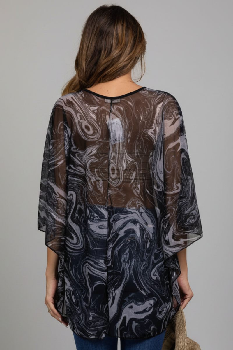 BLACK MARBLE PRINT SILHOUETTE COVER-UP T7300