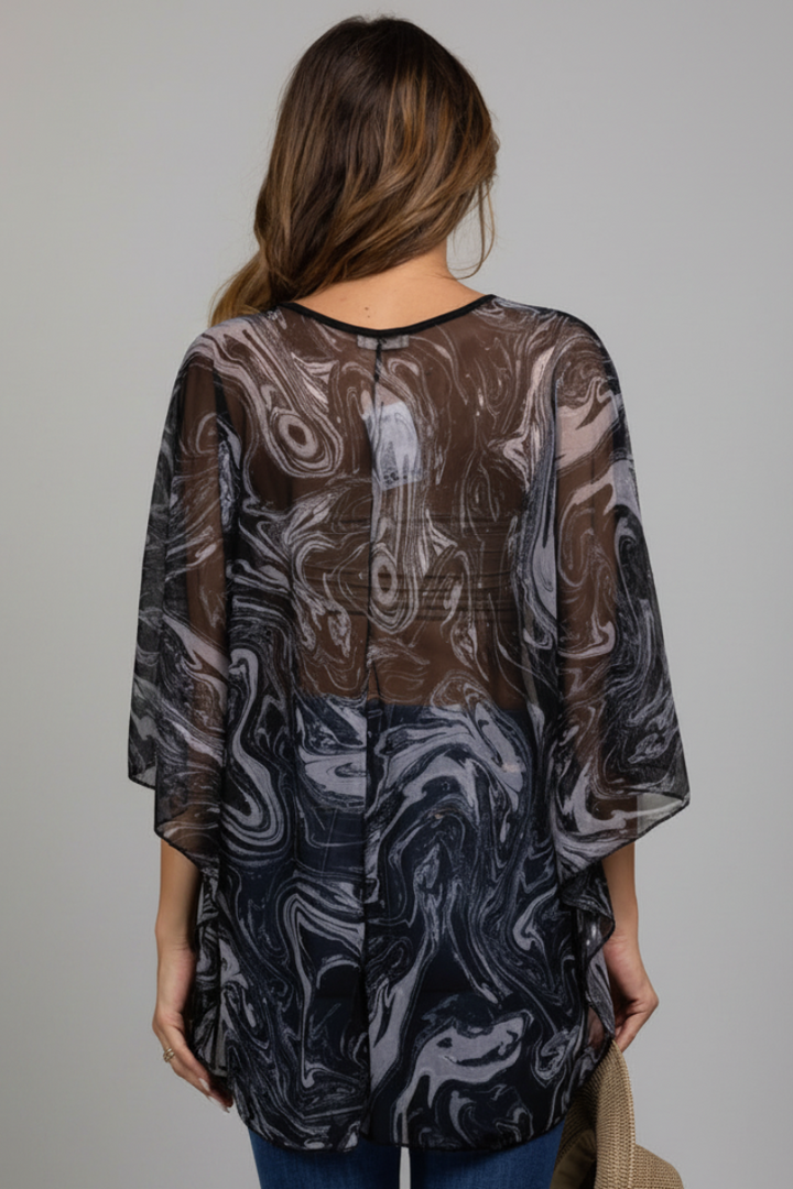 BLACK MARBLE PRINT SILHOUETTE COVER-UP T7300