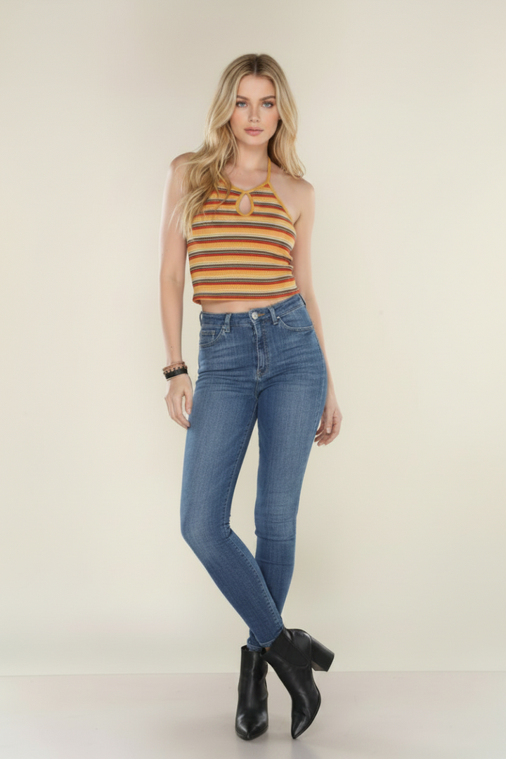 MUSTARD STRIPED OPEN BACK HALTER CROP TOP DH23820