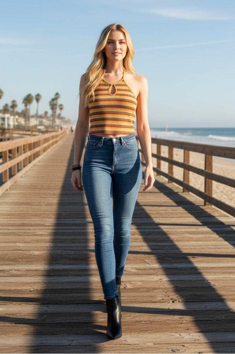 MUSTARD STRIPED OPEN BACK HALTER CROP TOP DH23820