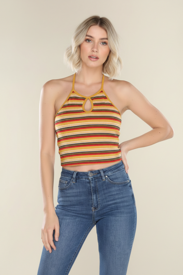 MUSTARD STRIPED OPEN BACK HALTER CROP TOP DH23820