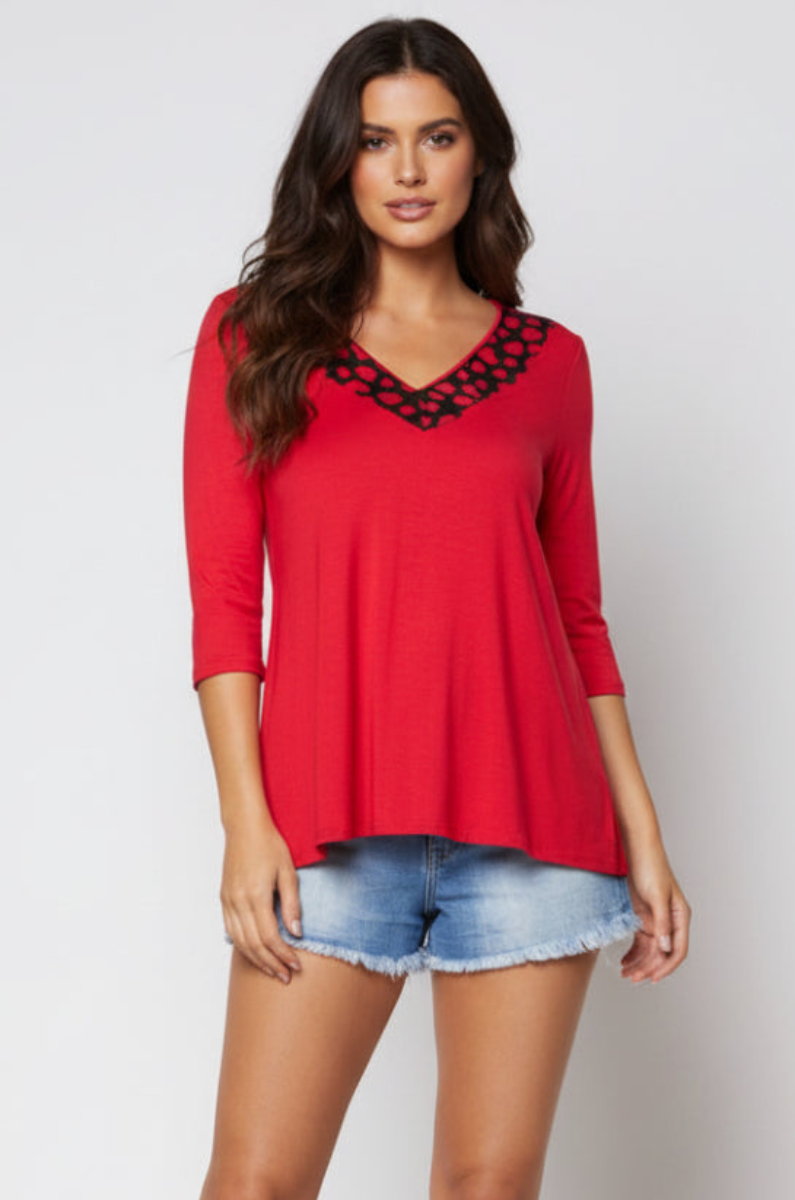 V-NECK HEART PRINTS 3/4 SLEEVES TOP-T6571