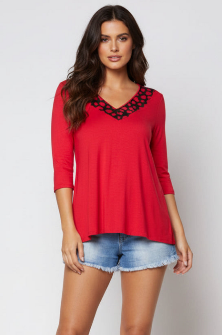 V-NECK HEART PRINTS 3/4 SLEEVES TOP-T6571