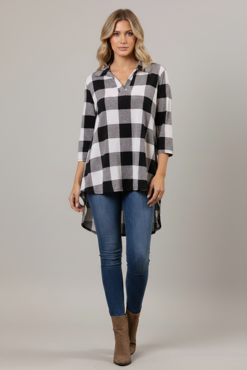 COLLARED MADRAS PRINT ROUND HEM TOP ST1460-13-