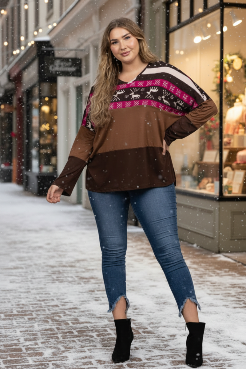REINDEERS PRINT HICKORY BROWN CONTRAST KNIT PLUS SIZE TOP B5590X-