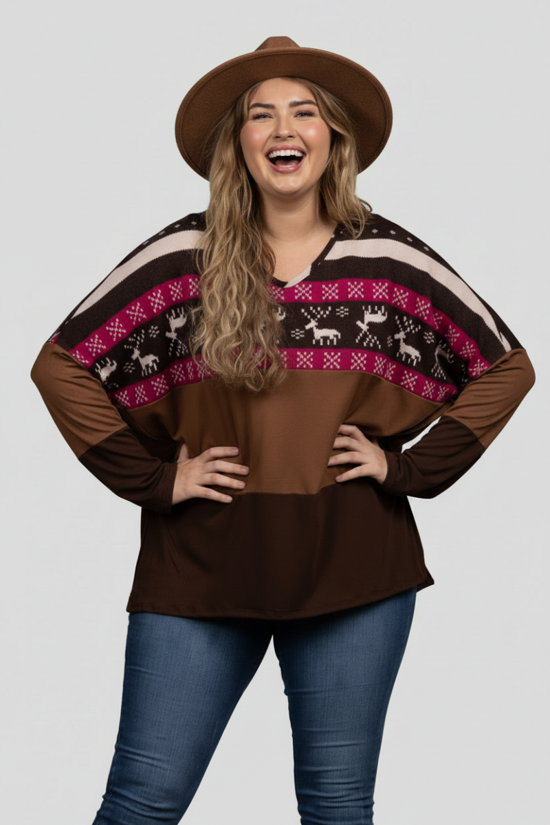 REINDEERS PRINT HICKORY BROWN CONTRAST KNIT PLUS SIZE TOP B5590X-