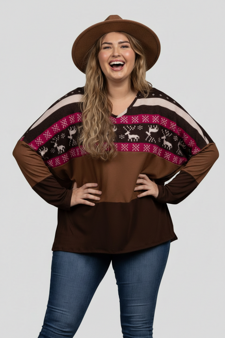 REINDEERS PRINT HICKORY BROWN CONTRAST KNIT PLUS SIZE TOP B5590X-