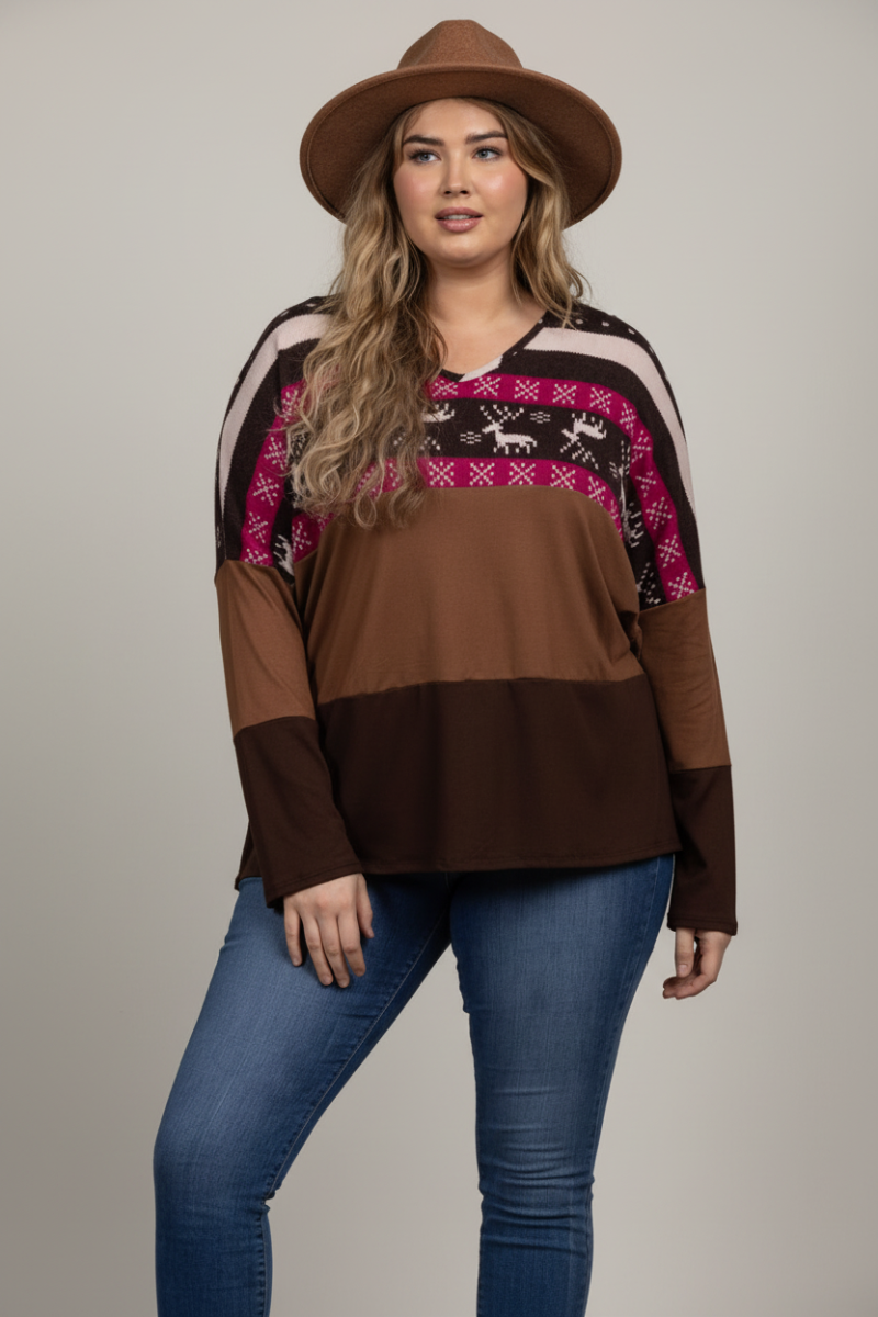 REINDEERS PRINT HICKORY BROWN CONTRAST KNIT PLUS SIZE TOP B5590X-