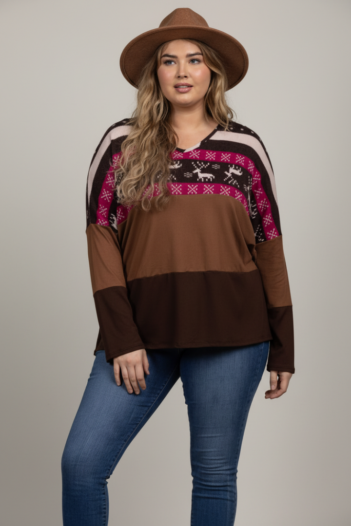 REINDEERS PRINT HICKORY BROWN CONTRAST KNIT PLUS SIZE TOP B5590X-