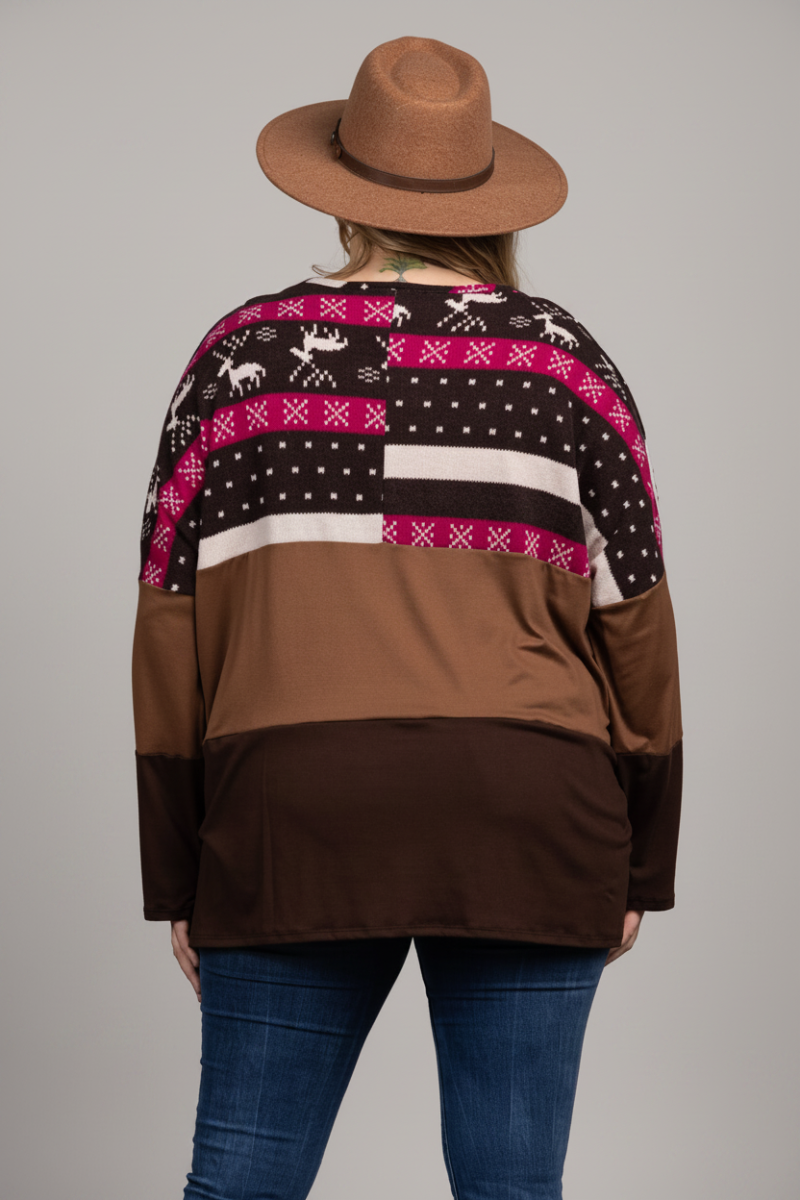 REINDEERS PRINT HICKORY BROWN CONTRAST KNIT PLUS SIZE TOP B5590X-