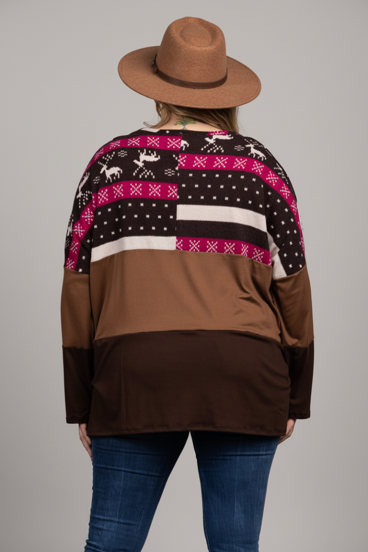 REINDEERS PRINT HICKORY BROWN CONTRAST KNIT PLUS SIZE TOP B5590X-