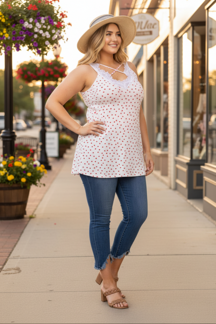 IVORY WHITE HEART PRINTS LACE V NECK CRISS CROSS PLUS SIZE TOP-T6575P-