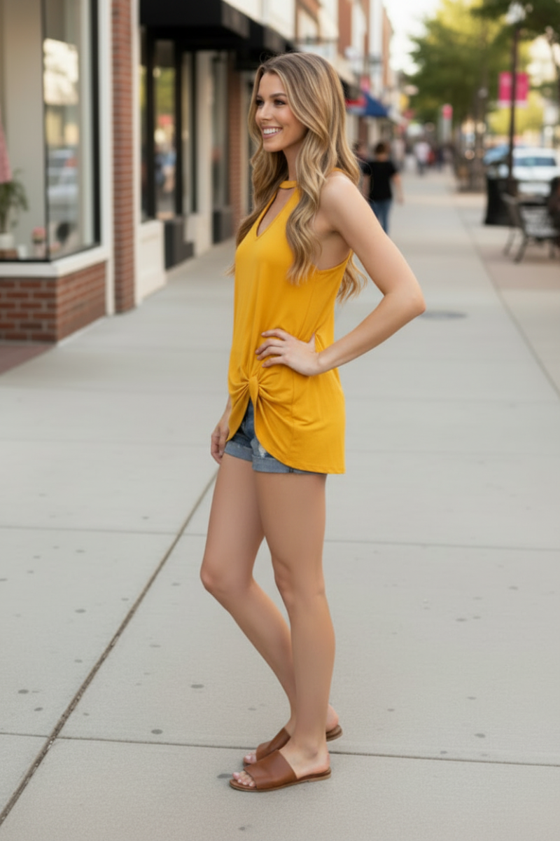GOLD FRONT KEYHOLE &amp; SIDE TWIST DETAILED TUNIC KNIT TOP SKSL9356*