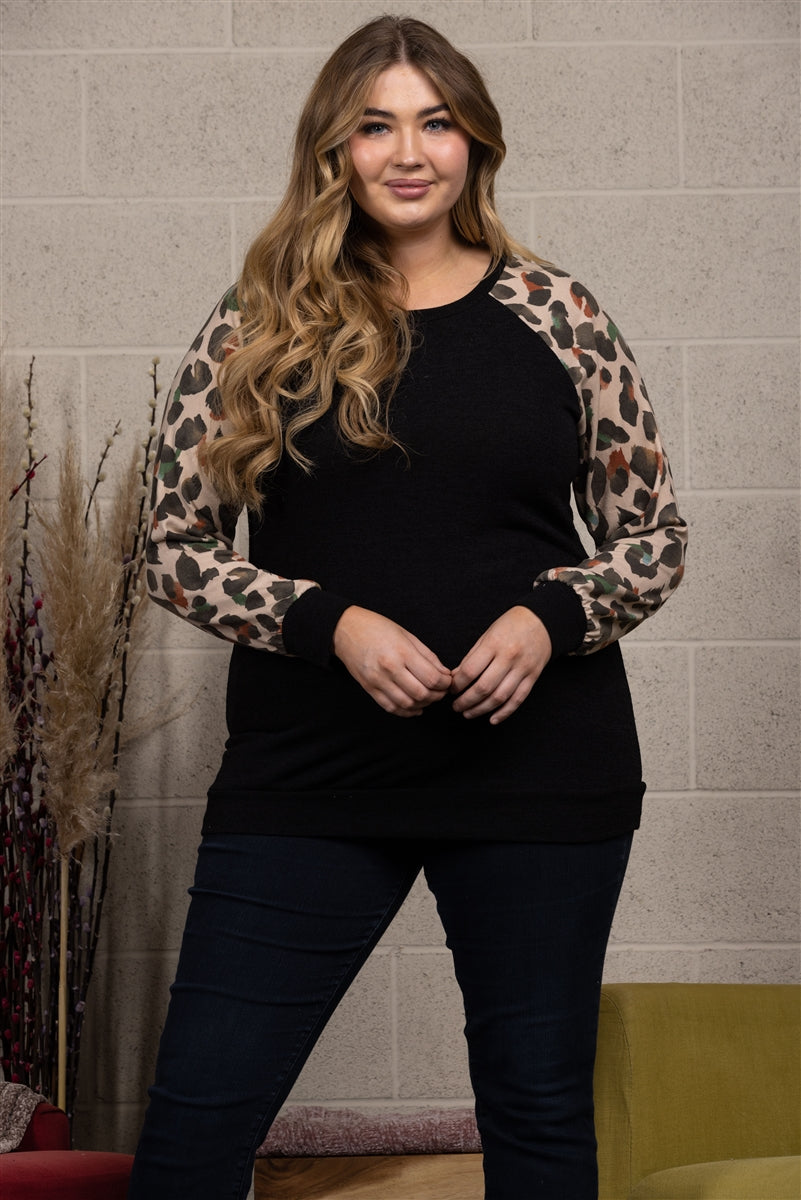 ANIMAL PRINT CONTRAST PULLOVER PLUS SIZE TOP-ST1380