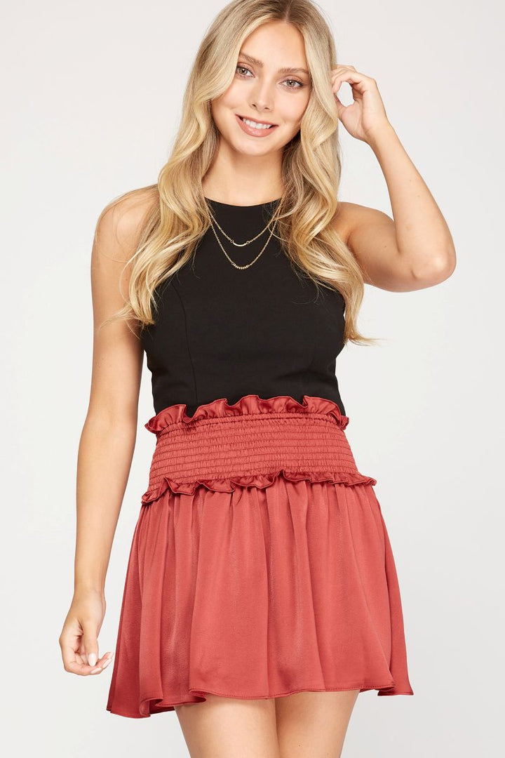 BRICK SMOCKED WAISTBAND AND SHORTS LINING WOVEN MINI SKIRT