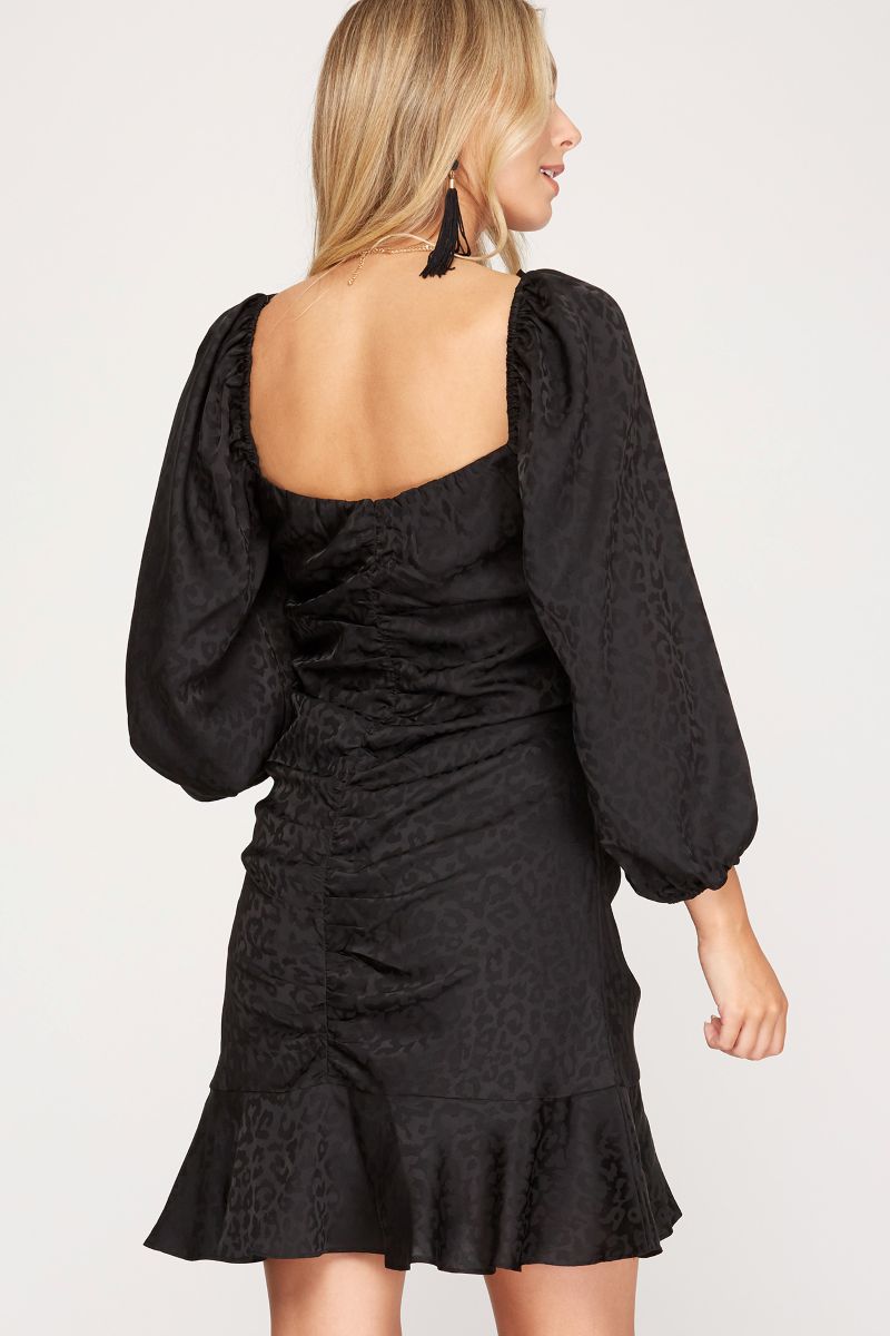 BLACK 3/4 SLEEVES JACQUARD SARUN RUFFLED MINI DRESS SKSS7576