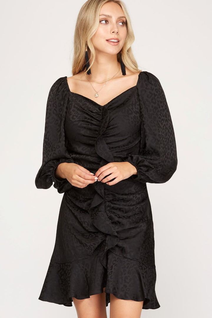 BLACK 3/4 SLEEVES JACQUARD SARUN RUFFLED MINI DRESS SKSS7576