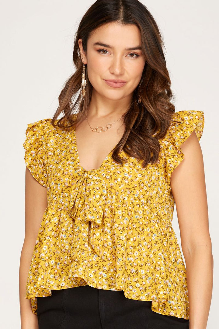 SUNFLOWER FLORAL PRINT FRONT-TIE FLUTTER SLEEVES WOVEN TOP