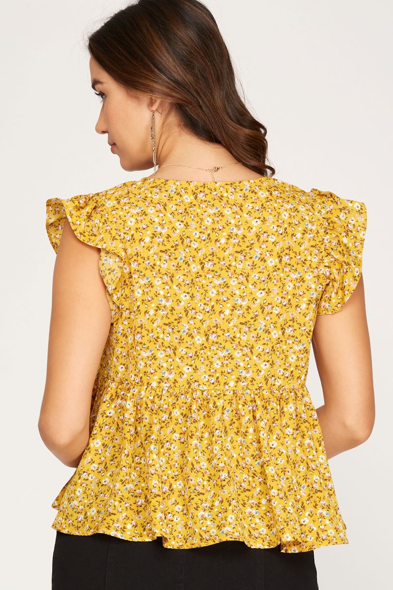 SUNFLOWER FLORAL PRINT FRONT-TIE FLUTTER SLEEVES WOVEN TOP