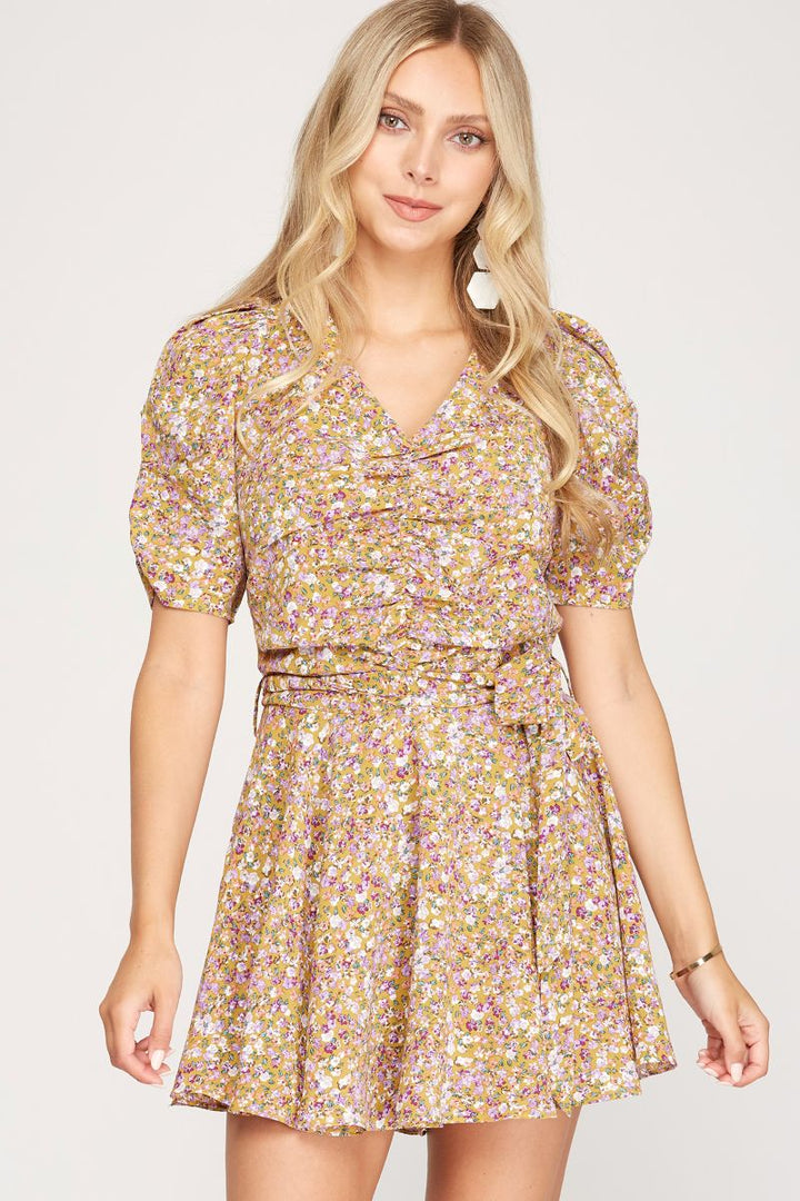 MUSTARD FLORAL PUFF SLEEVES FLARE LAYERED ROMPER SKSS7803