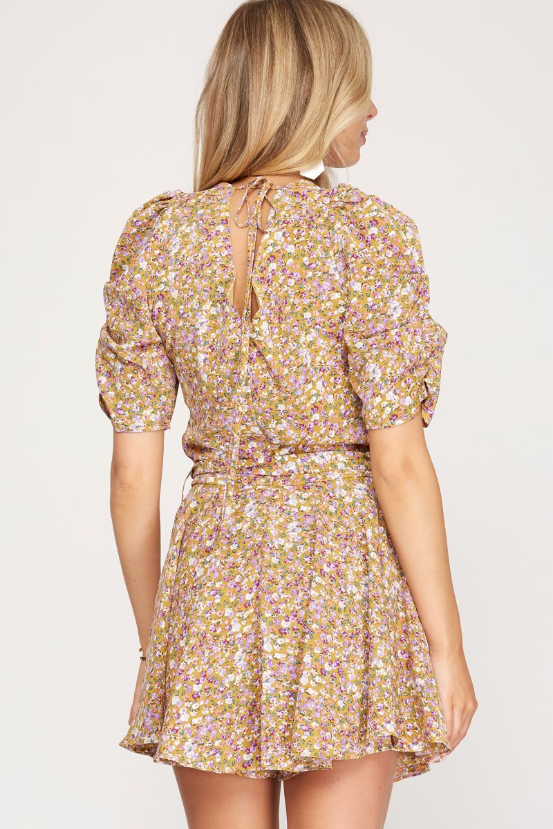 MUSTARD FLORAL PUFF SLEEVES FLARE LAYERED ROMPER SKSS7803
