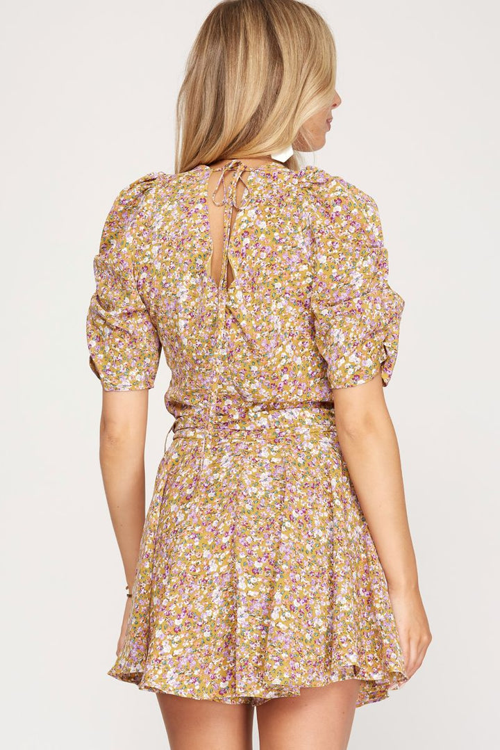 MUSTARD FLORAL PUFF SLEEVES FLARE LAYERED ROMPER SKSS7803