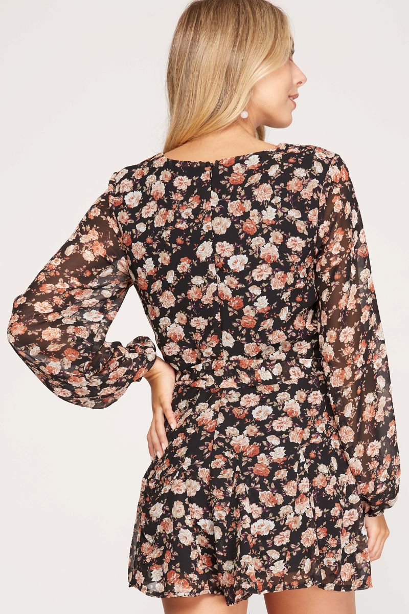 BLACK FLORAL PRINT WAIST SASH GODET DETAILED WOVEN ROMPER