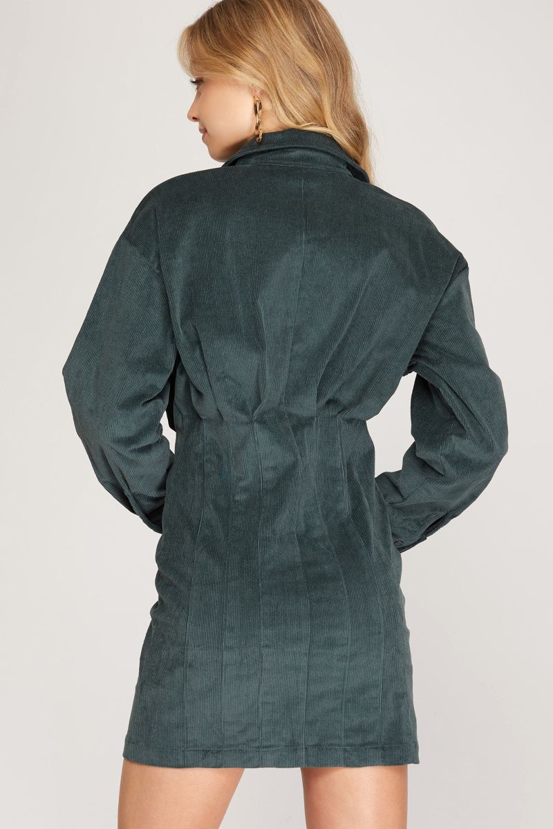 SALAMANDER LONG SLEEVE CORDUROY TUCKED SHIRT MINI DRESS SKSS8191