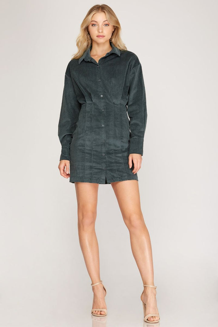 SALAMANDER LONG SLEEVE CORDUROY TUCKED SHIRT MINI DRESS SKSS8191