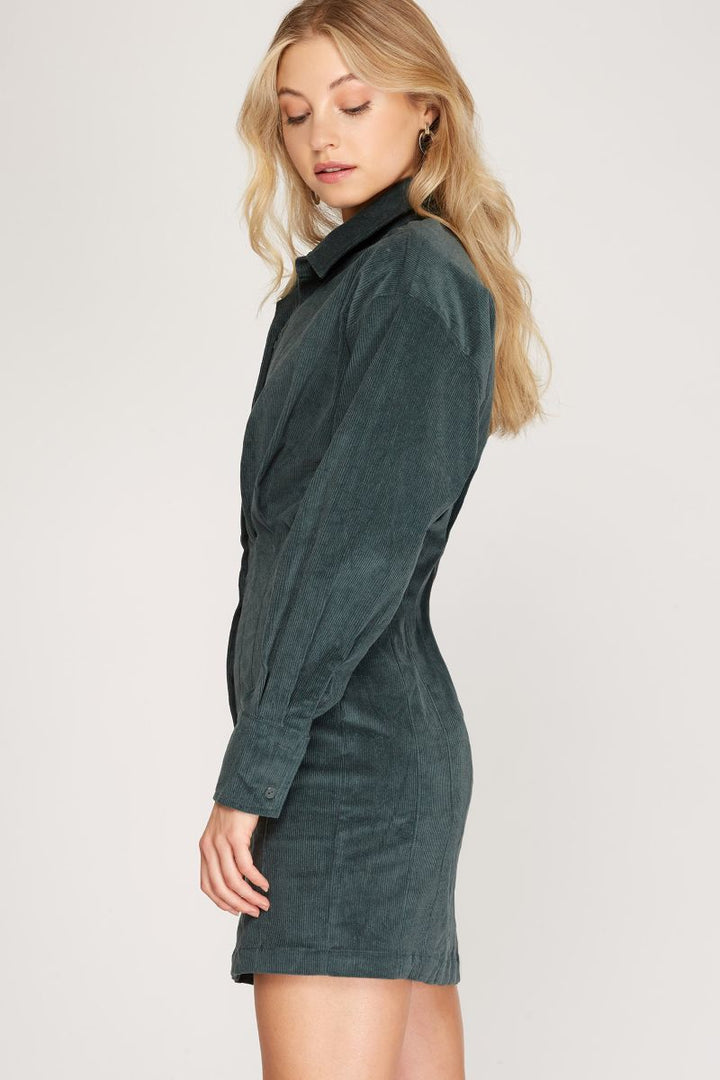 SALAMANDER LONG SLEEVE CORDUROY TUCKED SHIRT MINI DRESS SKSS8191
