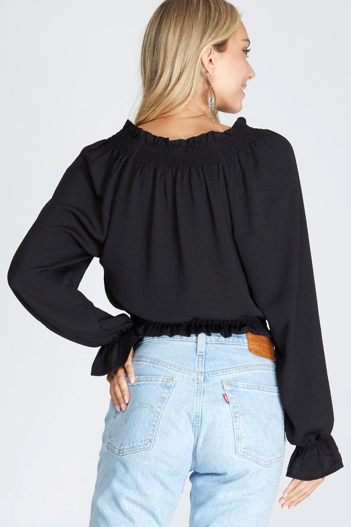 BLACK SMOCKED NECK WAISTBAND LONG SLEEVES WOVEN TOP SKSS8265