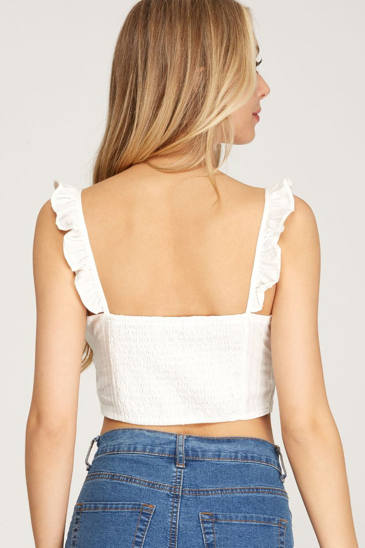 OFF WHITE JACQUARD FRONT-TIE RUFFLED WOVEN COTTON TOP SKSS8705