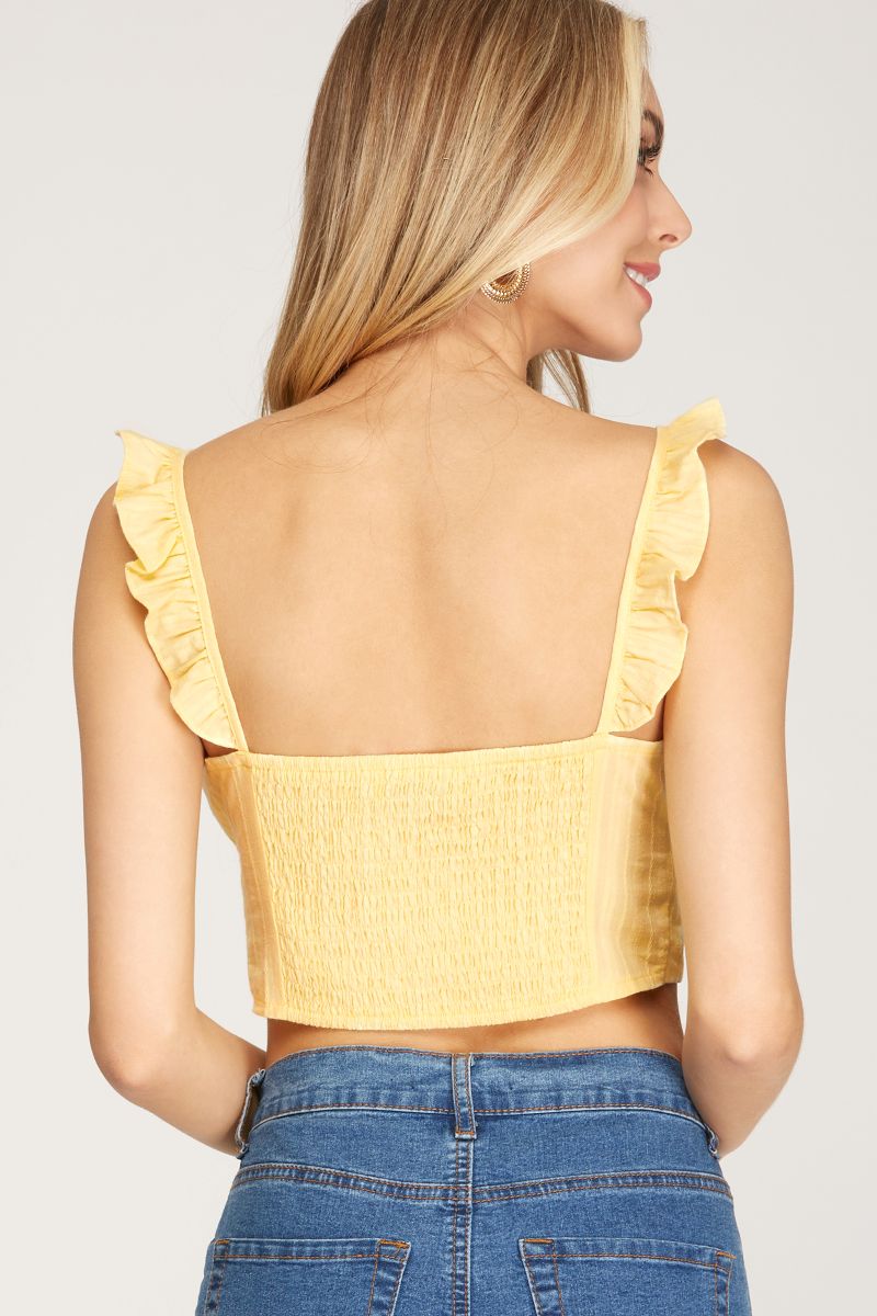 YELLOW JACQUARD FRONT-TIE RUFFLED WOVEN COTTON TOP SKSS8705