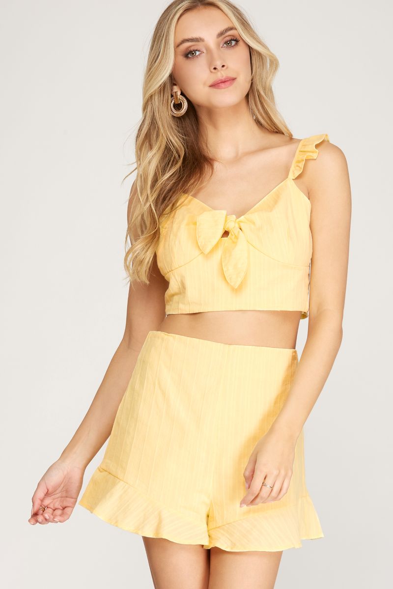 YELLOW JACQUARD FRONT-TIE RUFFLED WOVEN COTTON TOP SKSS8705