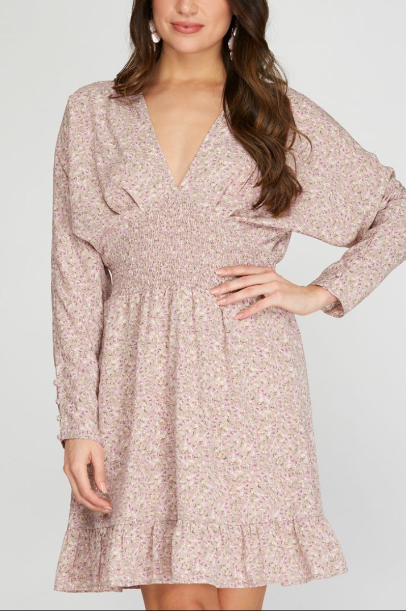 Dusty ROSE FLORAL PLUNGE NECK DOLMAN SLEEVES WOVEN MINI DRESS Dusty ROSE / 2S - 2M