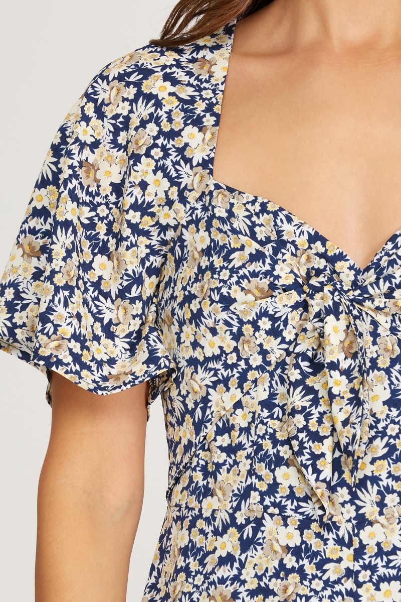 NAVY FLORAL PRINT SHORT SLEEVES FRONT TIE WOVEN ROMPER