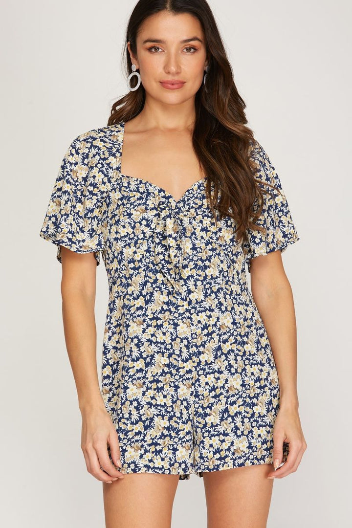 NAVY FLORAL PRINT SHORT SLEEVES FRONT TIE WOVEN ROMPER