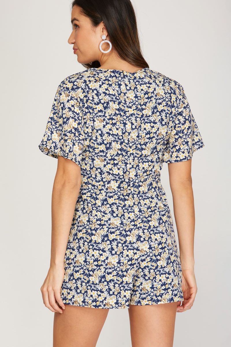 NAVY FLORAL PRINT SHORT SLEEVES FRONT TIE WOVEN ROMPER