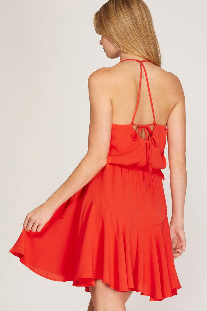 TOMATO COWL NECK SIDE RUCHED FLARE MINI DRESS S10SS9437