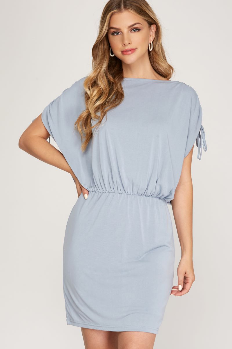 BLUE GREY RUCHED DRAWSTRING DROP SHOULDER KNIT MINI DRESS SKSS9439 Stylish Wholesale BLUE GREY RUCHED DRAWSTRING DROP SHOULDER KNIT MINI DRESS SKSS9439 Stylish Wholesale