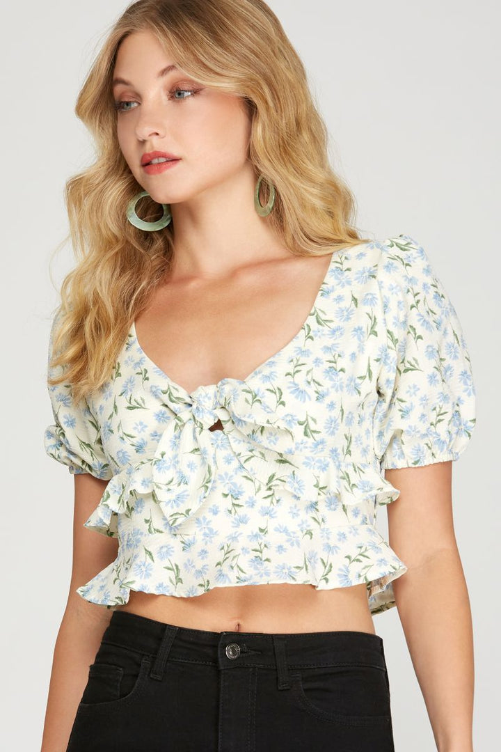 LT, BLUE  FLORAL PRINT FRONT-TIE RUFFLED HEM WOVEN TOP SKSS9448
