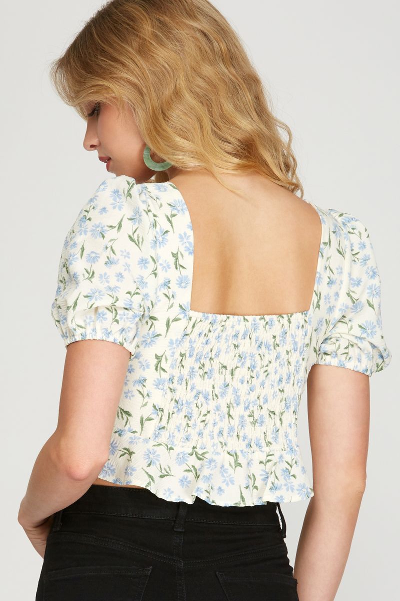 LT, BLUE  FLORAL PRINT FRONT-TIE RUFFLED HEM WOVEN TOP SKSS9448