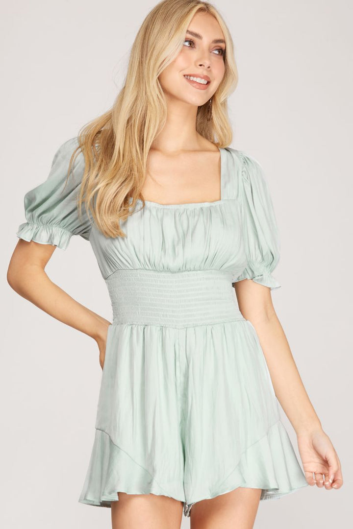 SEAFOAM SMOCKED WAIST SHORT SLEEVES WOVEN ROMPER SKSS9542