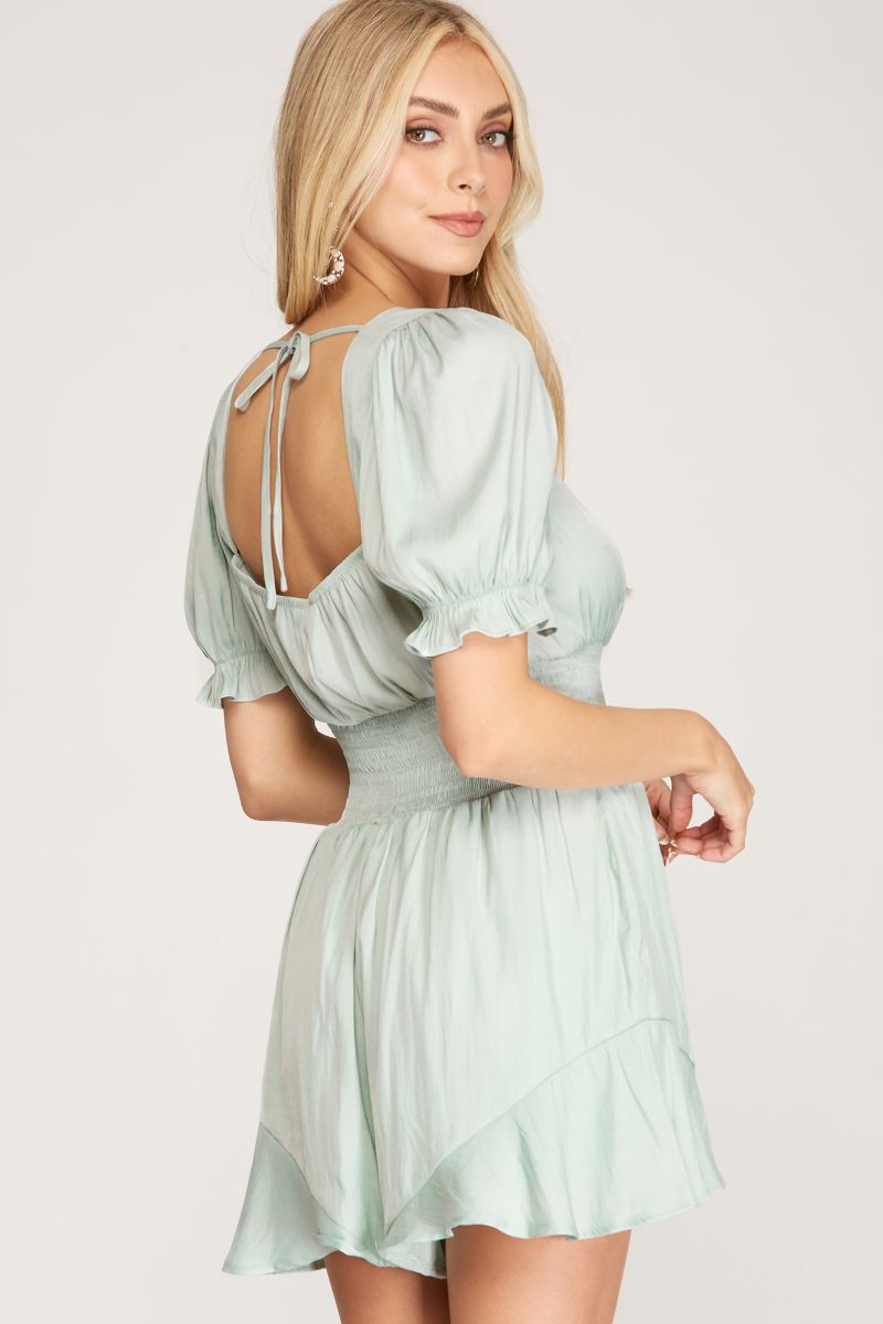 SEAFOAM SMOCKED WAIST SHORT SLEEVES WOVEN ROMPER SKSS9542