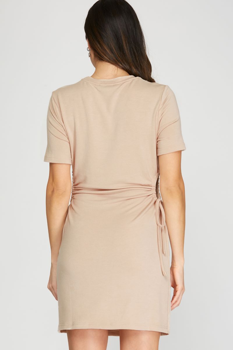 TAUPE RUCHED CUT-OUT DRAWSTRING SIDES MINI DRESS SKSS9616
