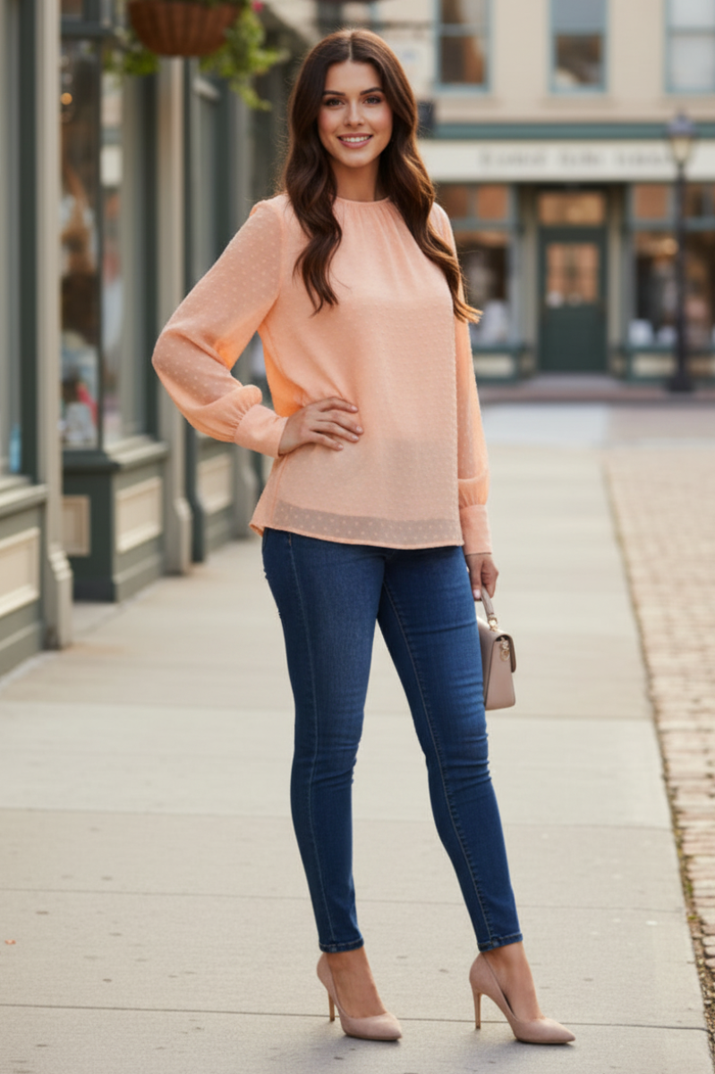 ROSE PEACH 3D POLKADOT LONG SLEEVES WOVEN TOP SKSS9694