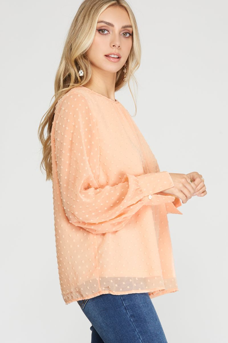 ROSE PEACH 3D POLKADOT LONG SLEEVES WOVEN TOP SKSS9694