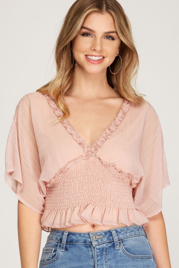 ROSE KIMONO SLEEVES SMOCKED WAISTBAND TIE BACK WOVEN TOP