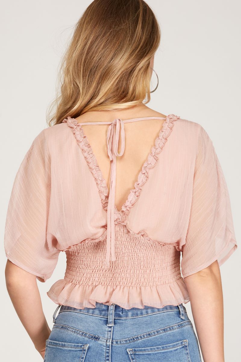 ROSE KIMONO SLEEVES SMOCKED WAISTBAND TIE BACK WOVEN TOP